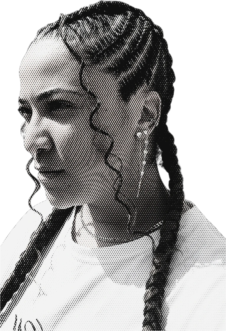 Fernanda Magalhães de perfil, retrato em preto e branco com retícula